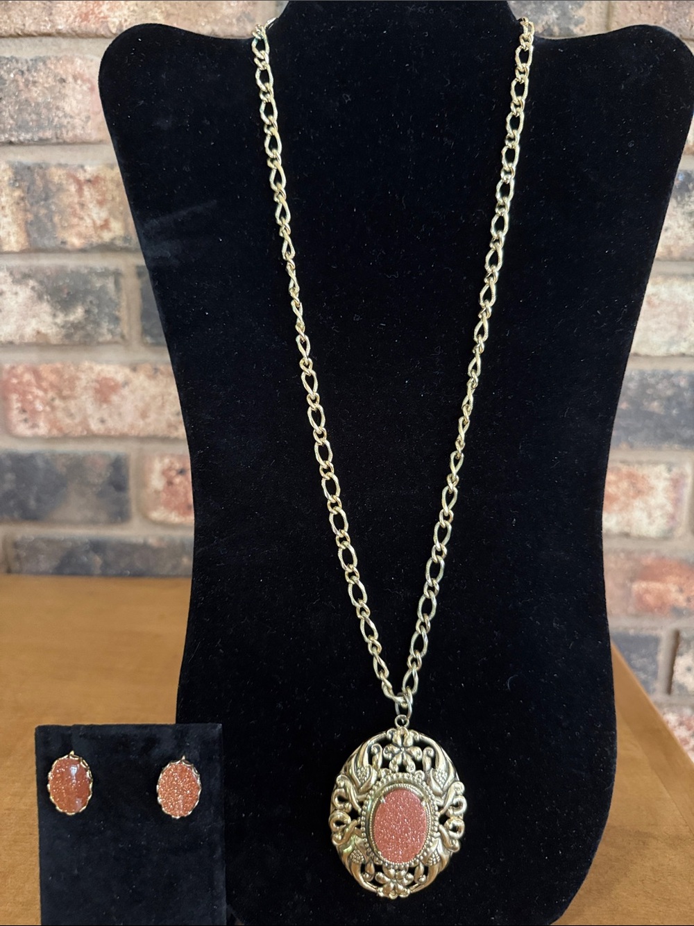 Vintage Goldstone Pendant Estate Necklace and matching Screwback Earrings